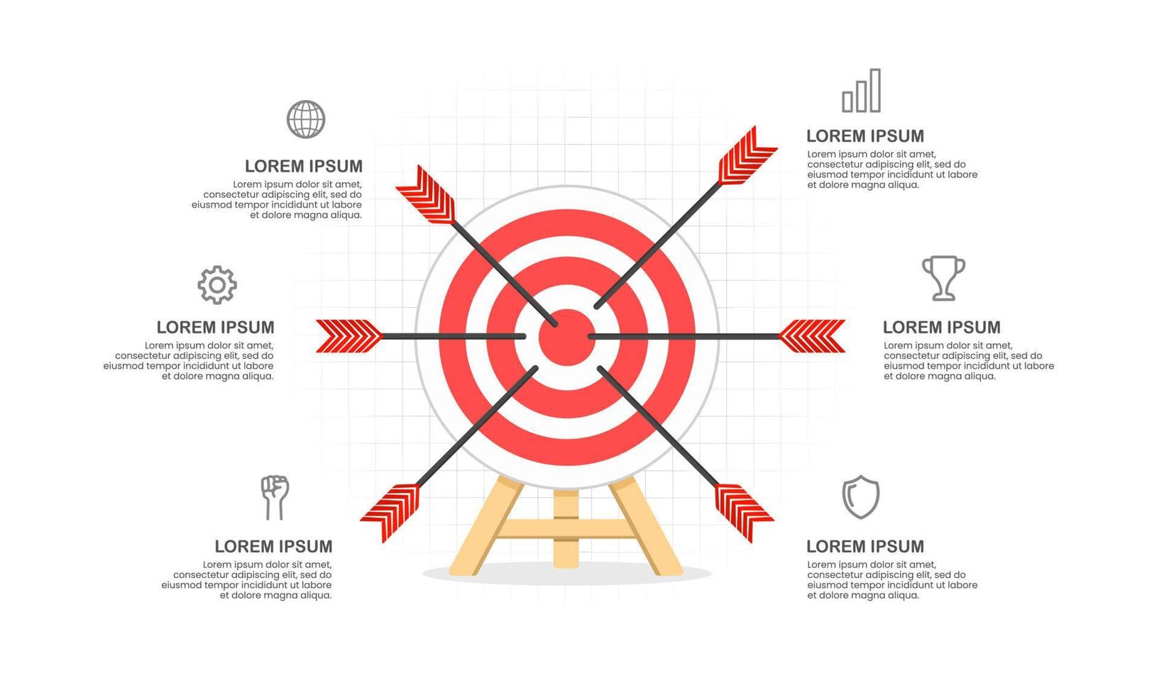 Target with six arrows. Planning or target business and marketing. Infographic template. Vector illustration.