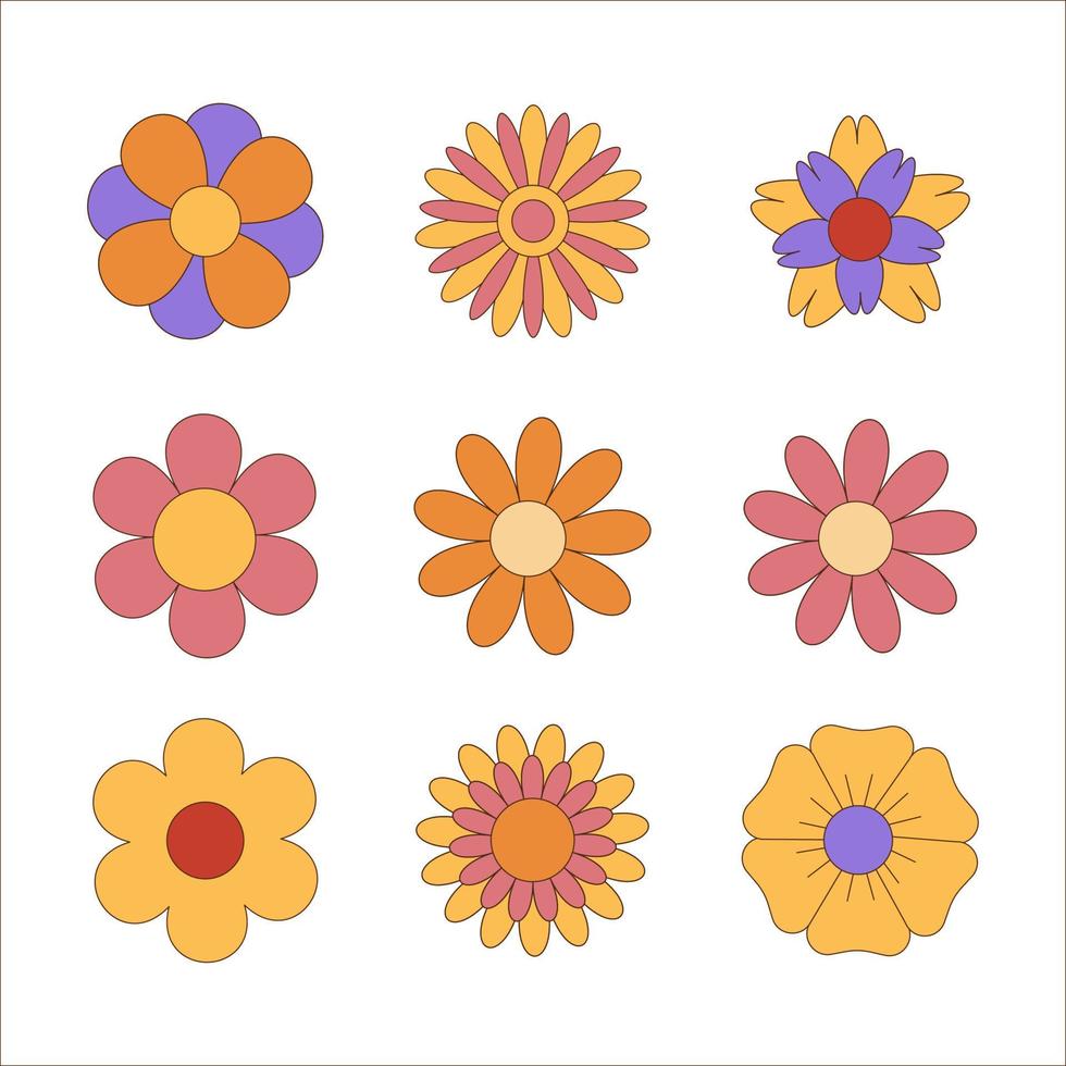 conjunto de maravillosas flores hippie de los años 70. margaritas de divertidos dibujos animados. Poder de la flor vector