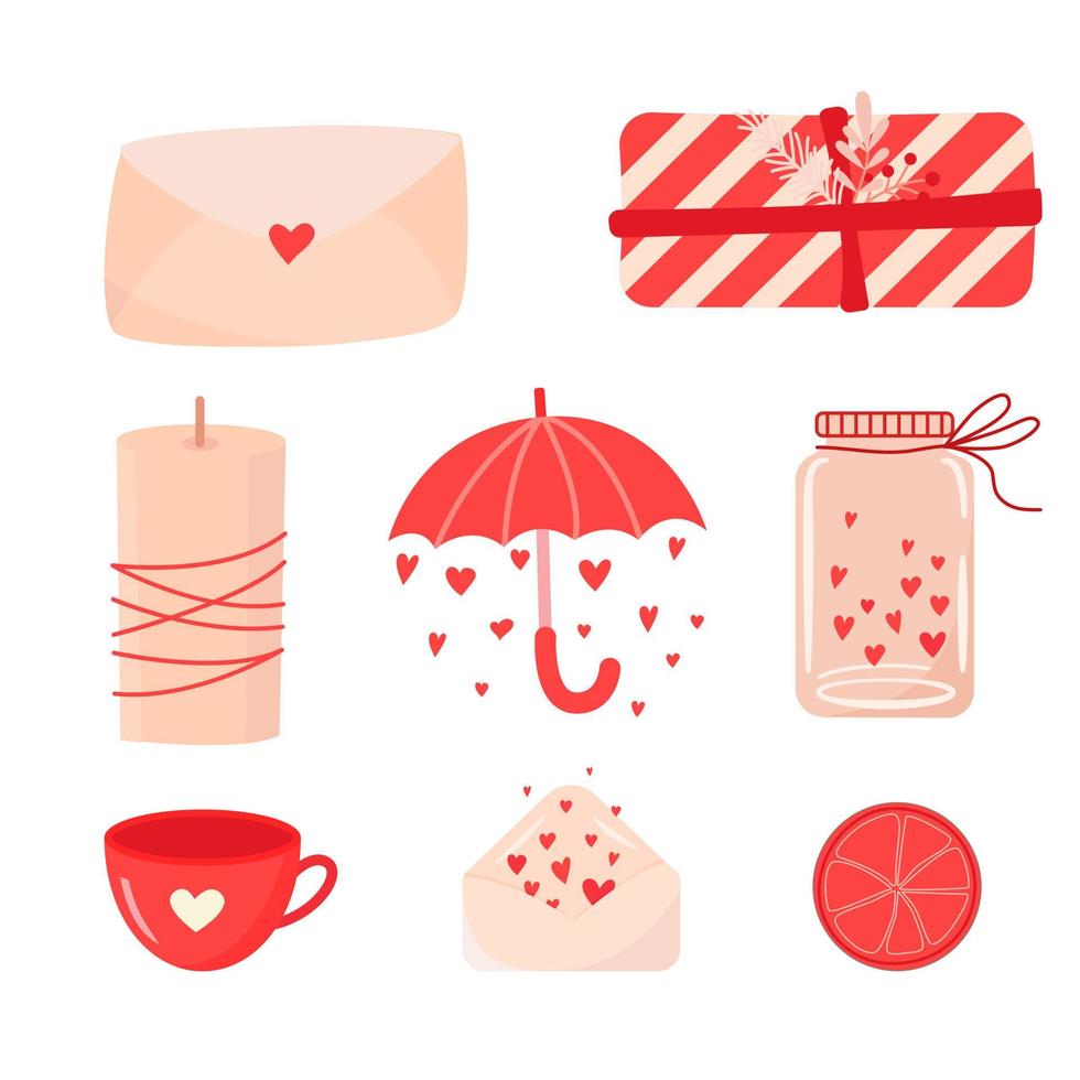 Set of elements for st. Valentines day in doodle style on white background. Gift, heart, balloon, key, candy, umbrella. Sticker cartoon style. vector