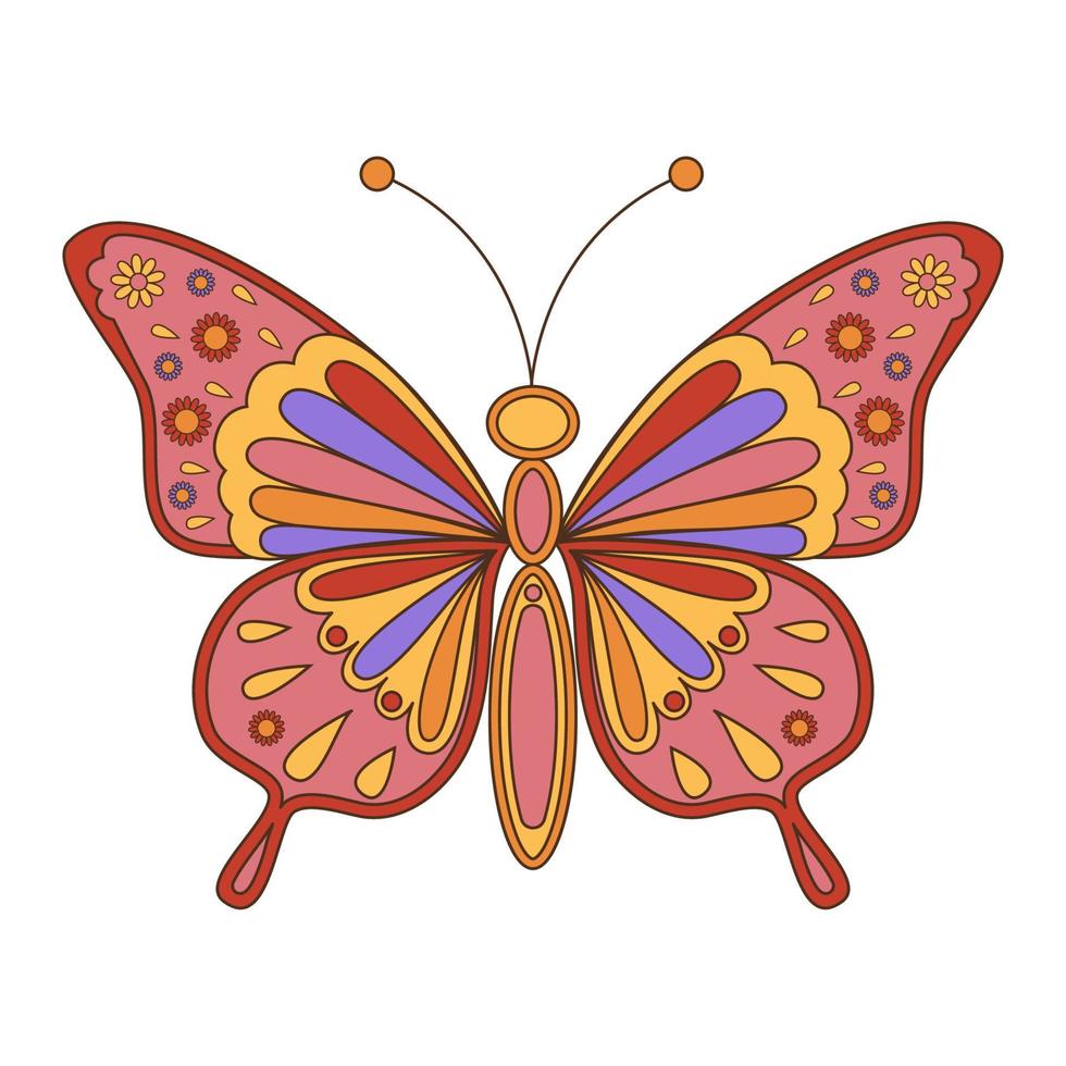Groovy retro butterfly in 60s 70s style isolated on white background. Vector illustration.
