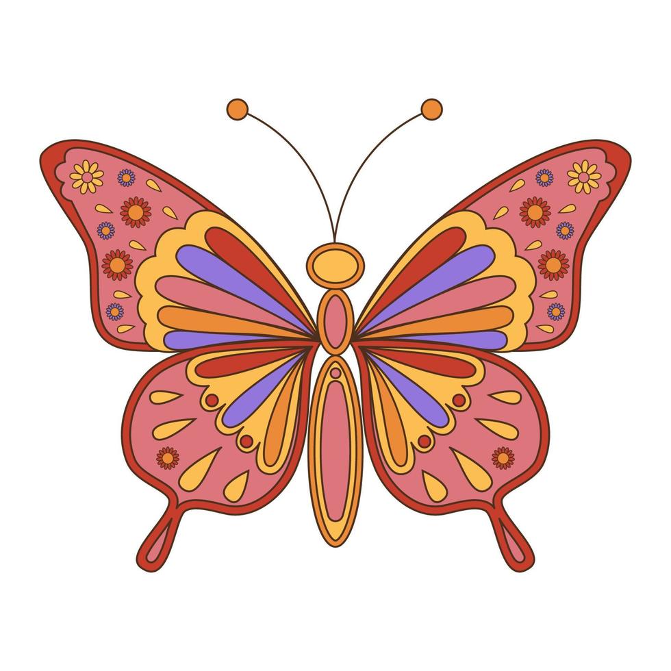 maravillosa mariposa retro en estilo años 60 70 aislada sobre fondo blanco. ilustración vectorial vector