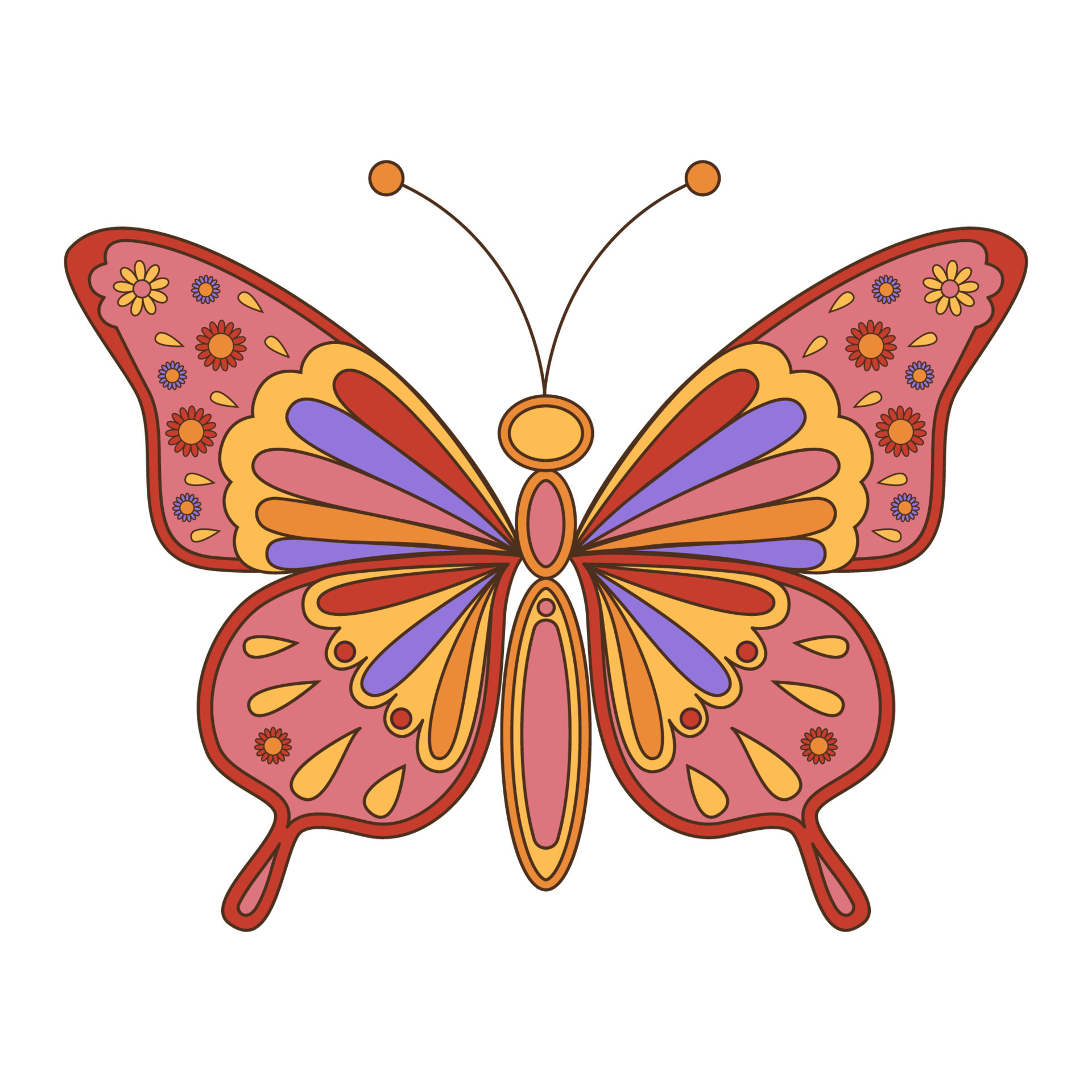 Groovy retro butterfly in 60s 70s style isolated on white background