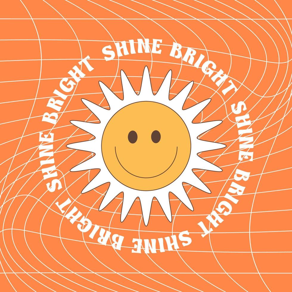 Groovy hippie 70s set. Funny SUN. Sticker in trendy retro psychedelic cartoon style. vector