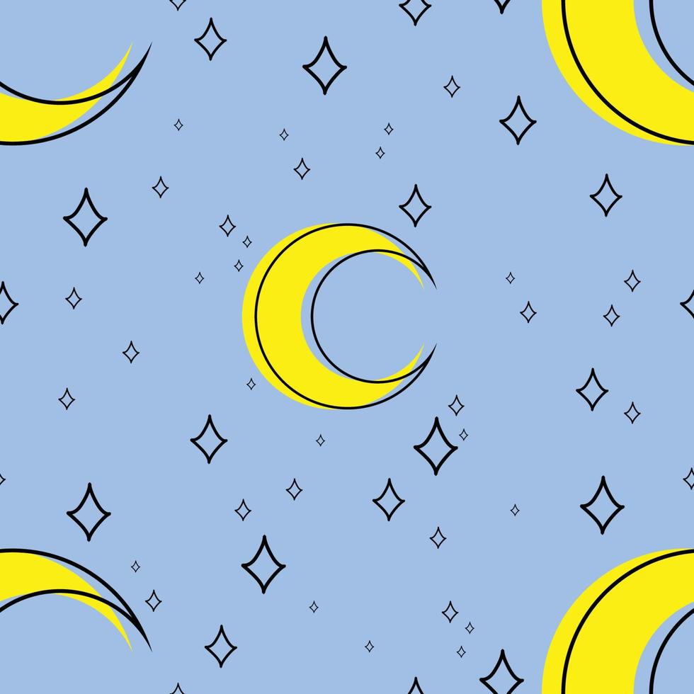 Night sky pattern. Moon, stars, blue background vector