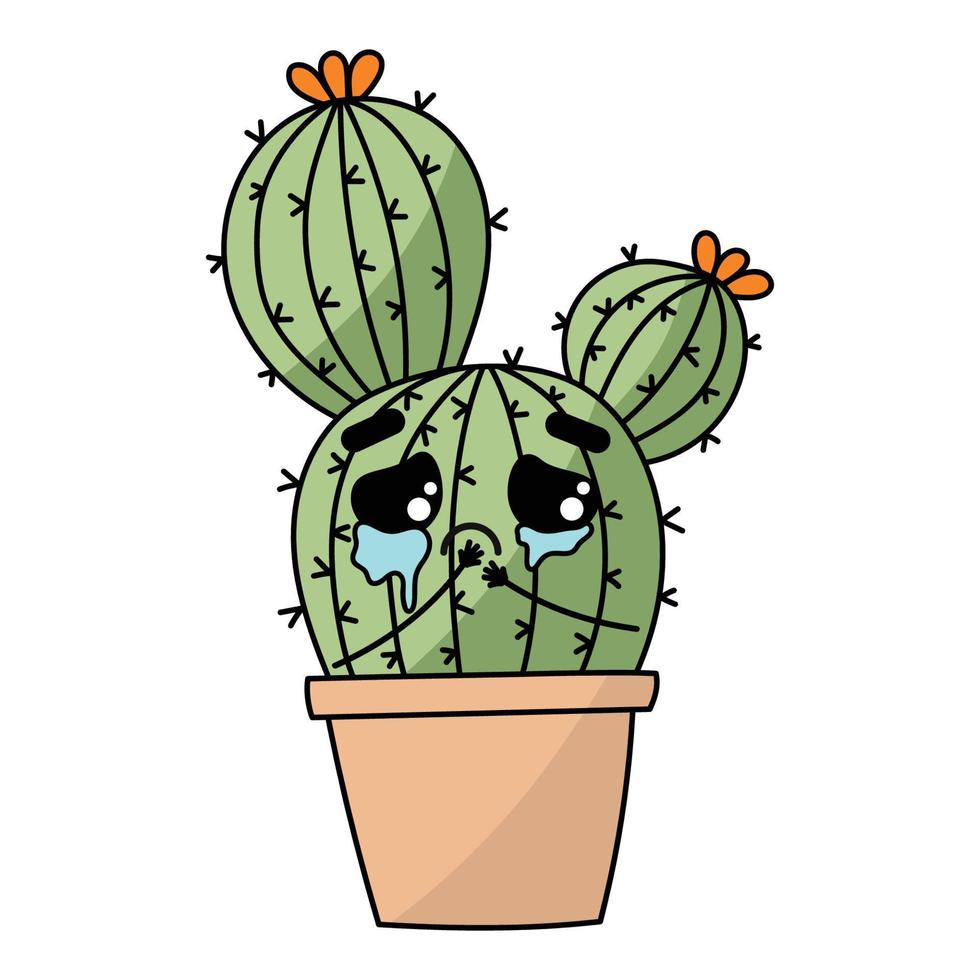 Cute sad cry dried cactus. Vector flat cartoon