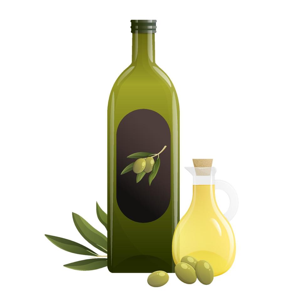 botella de aceite de oliva y aceitunas. ilustración vectorial aislada vector