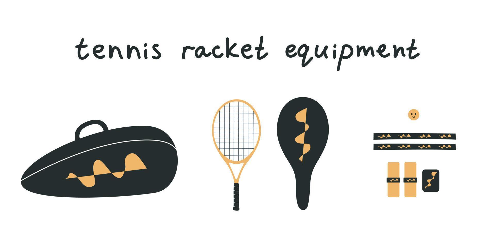 ilustración vectorial plana. equipo de tenis dibujado a mano, raqueta, bolsa, empuñadura, protección vector