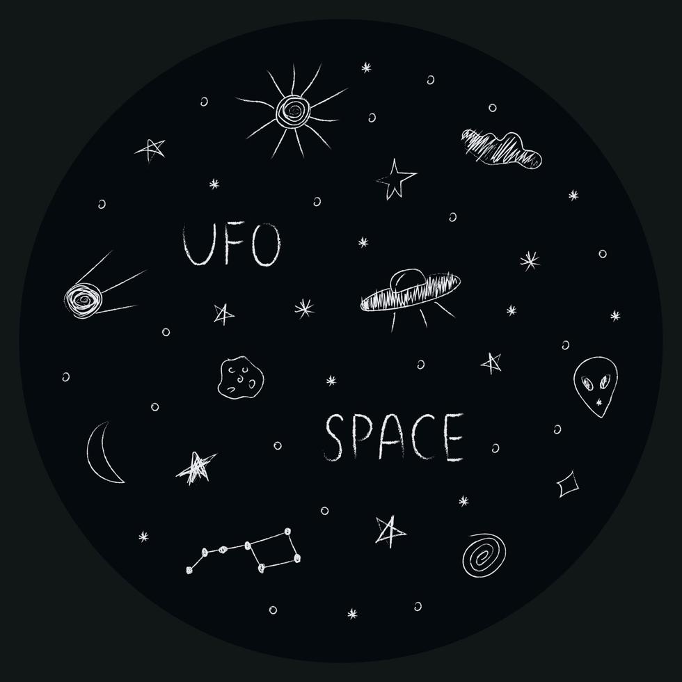 ilustración de doodle cosmos ambientada en estilo infantil en círculo, clipart de diseño. elementos espaciales abstractos dibujados a mano con letras. en blanco y negro. vector