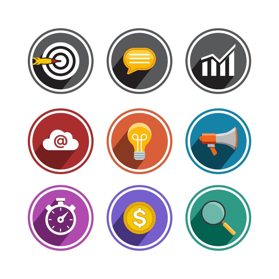 paquete de iconos planos de marketing ilustración de marketing forma redonda vector