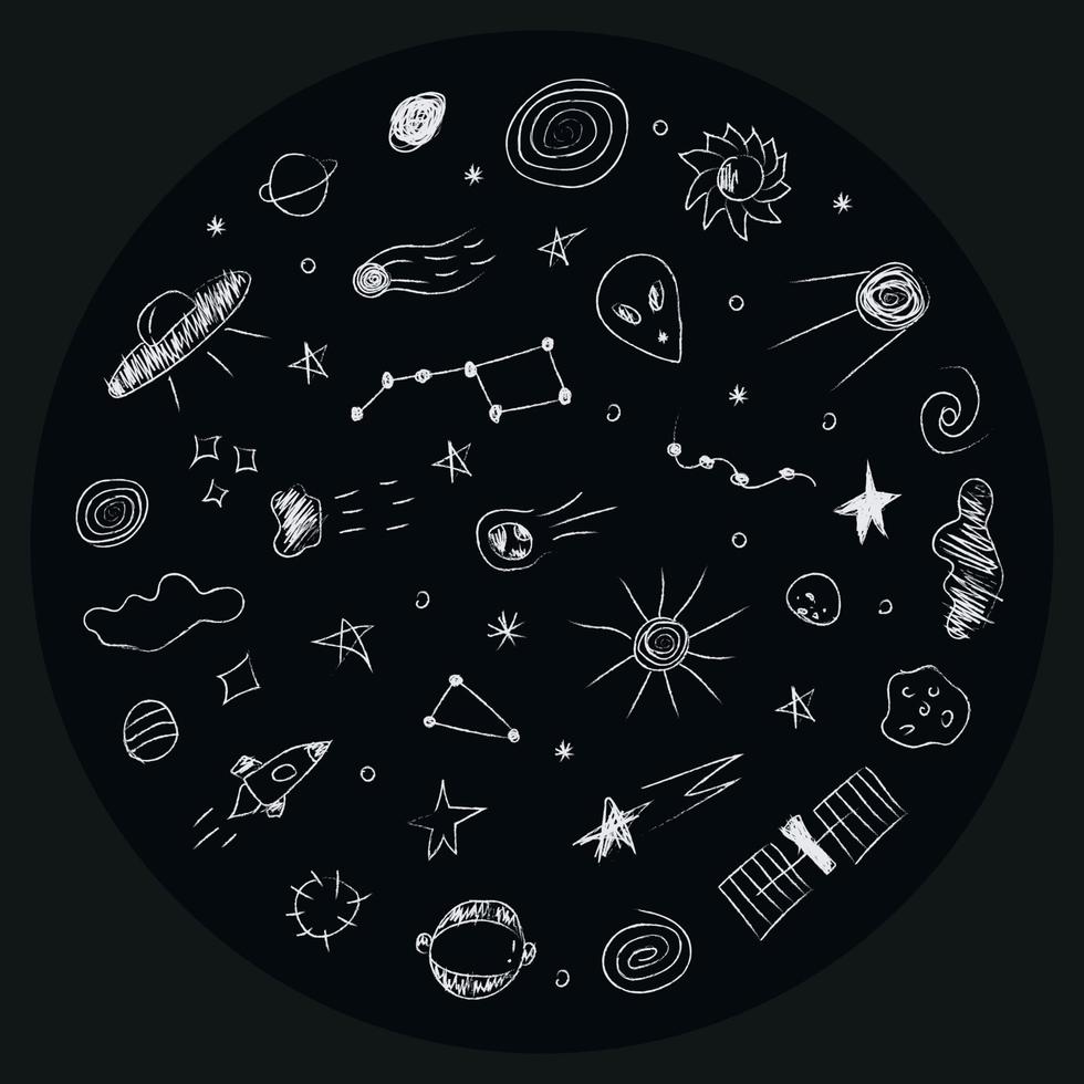 ilustración de doodle cosmos ambientada en estilo infantil en círculo, clipart de diseño. elementos espaciales abstractos dibujados a mano. en blanco y negro. vector