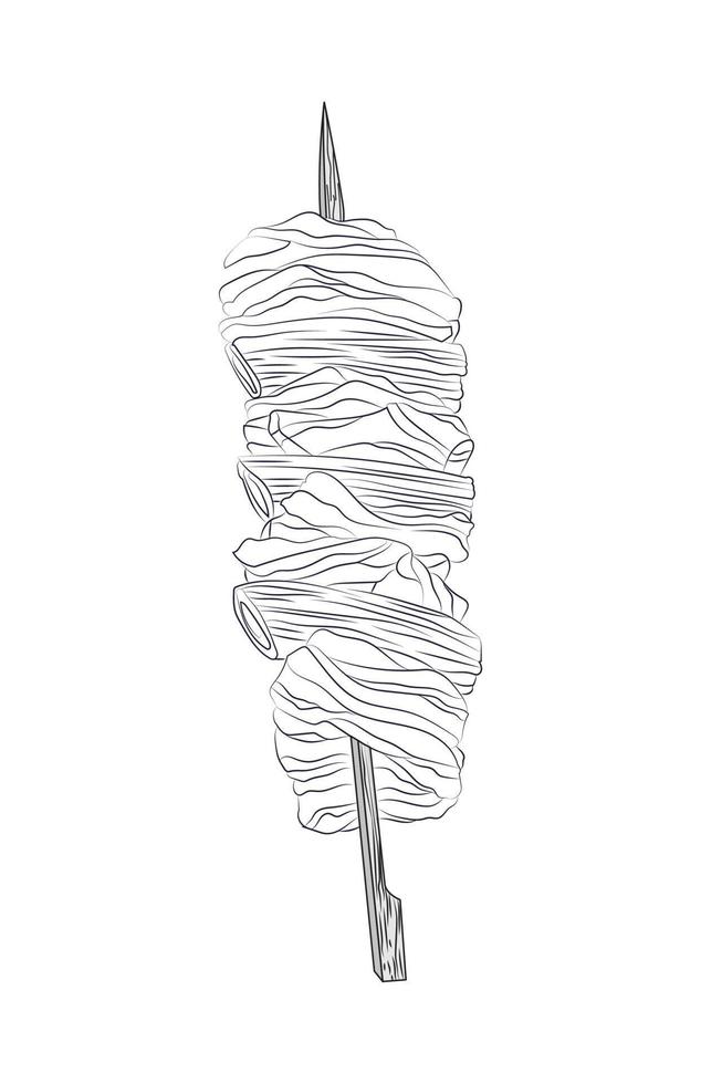 Vector black and white illustration of a Japanese kebab on a skewer. Asian cuisine wallpaper for menu, packaging, cafe, restaurant.