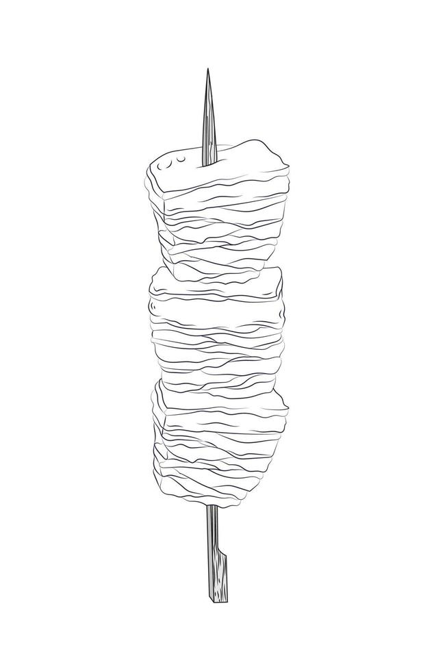 ilustración vectorial en blanco y negro de un kebab japonés en un pincho. papel tapiz de cocina asiática para menú, empaque, cafetería, restaurante. vector