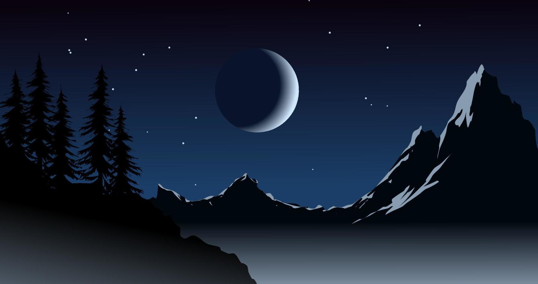 Starry night in mountain with trees and moon. Vector nature landscape