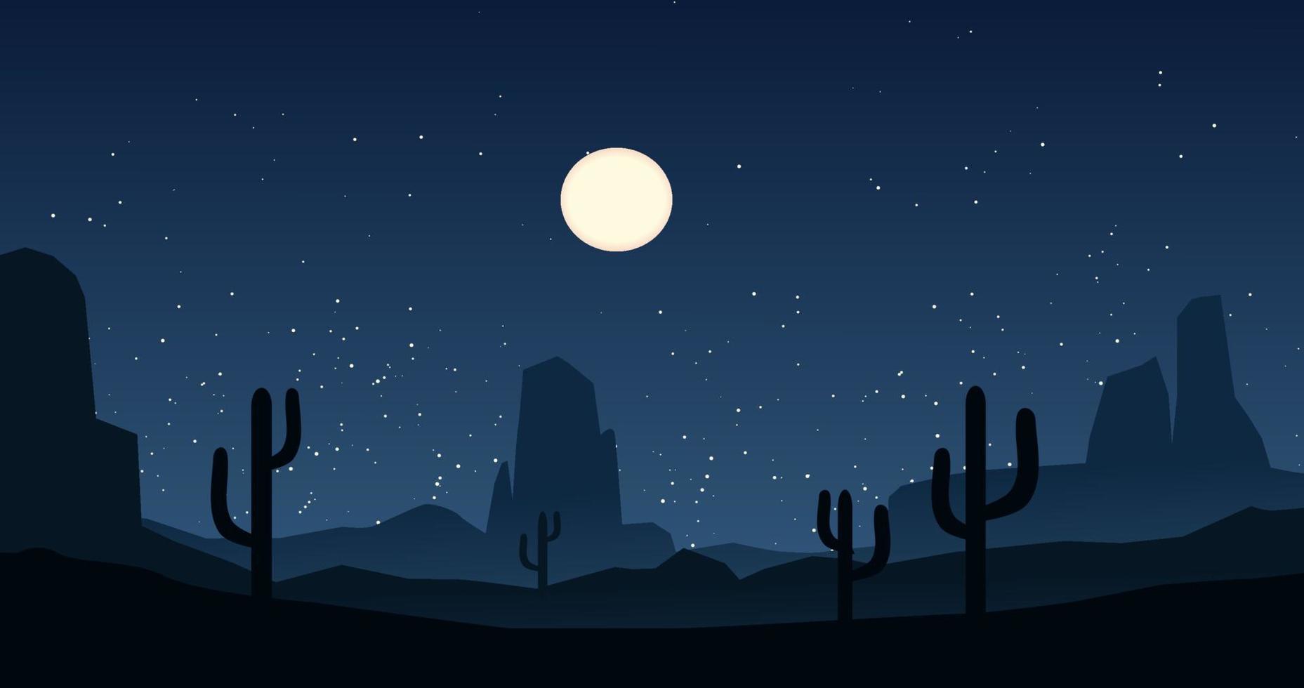 Beautiful soothing night over desert with moon and stars. Vector nature landscape