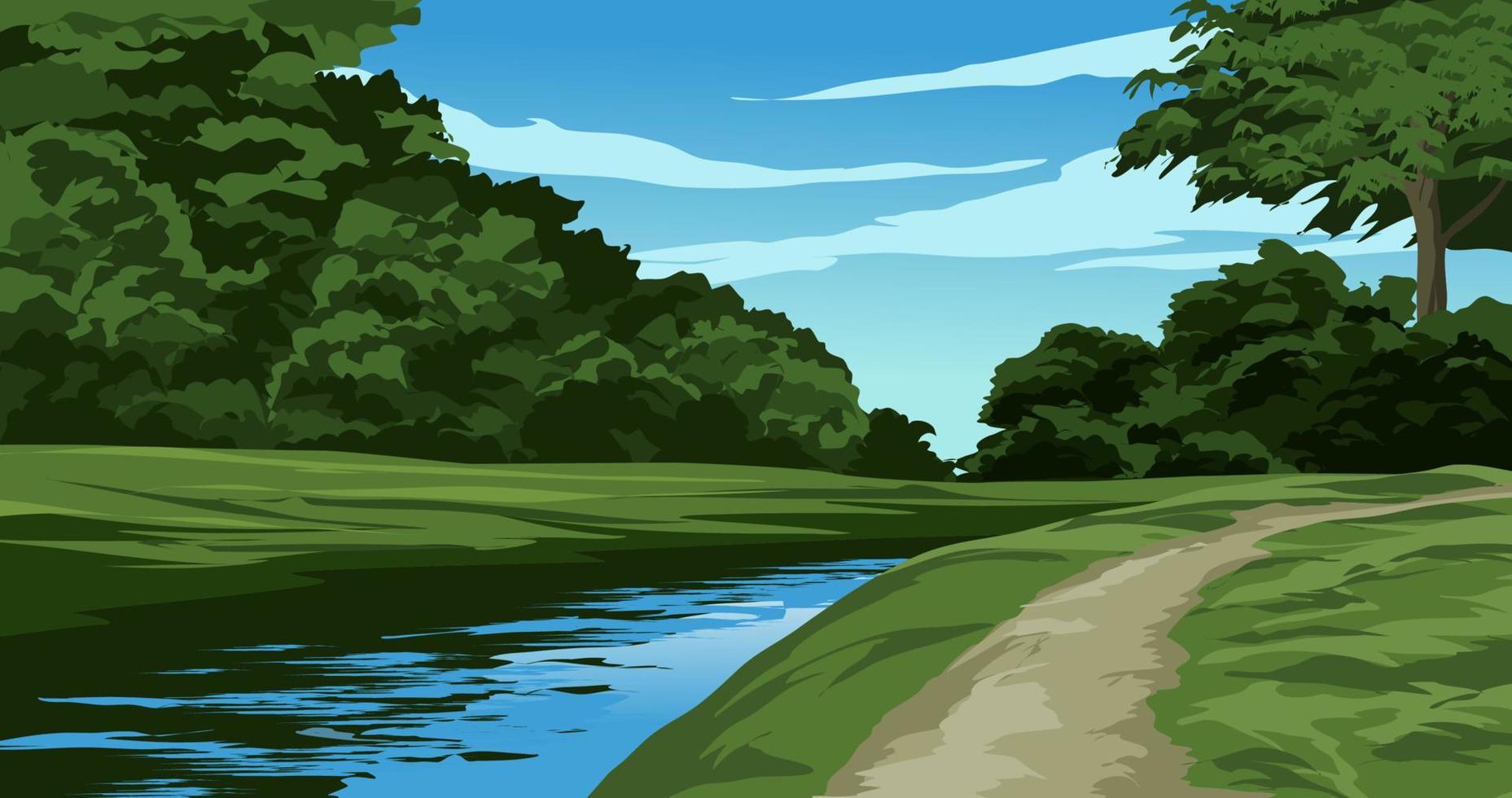 Tranquil river and forest scenery. Vector nature landscape