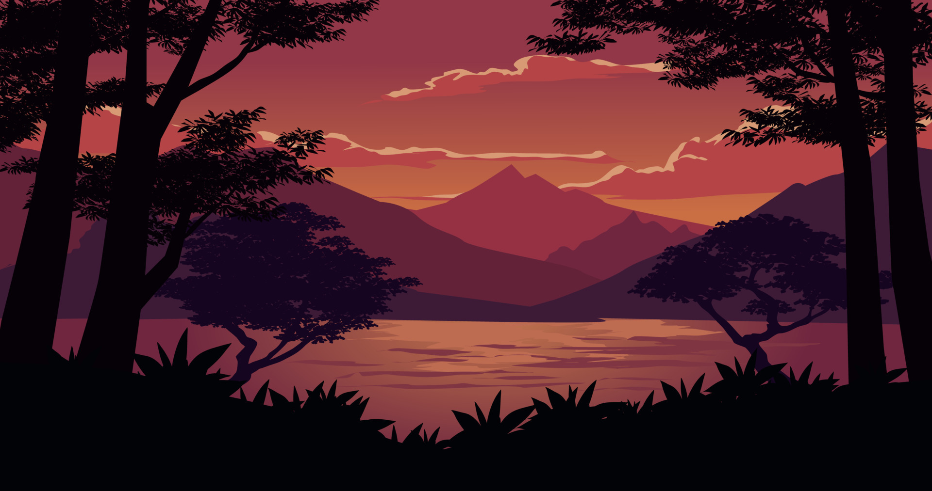 Sunset scenery with mountain and lake wiewed from the dark forest