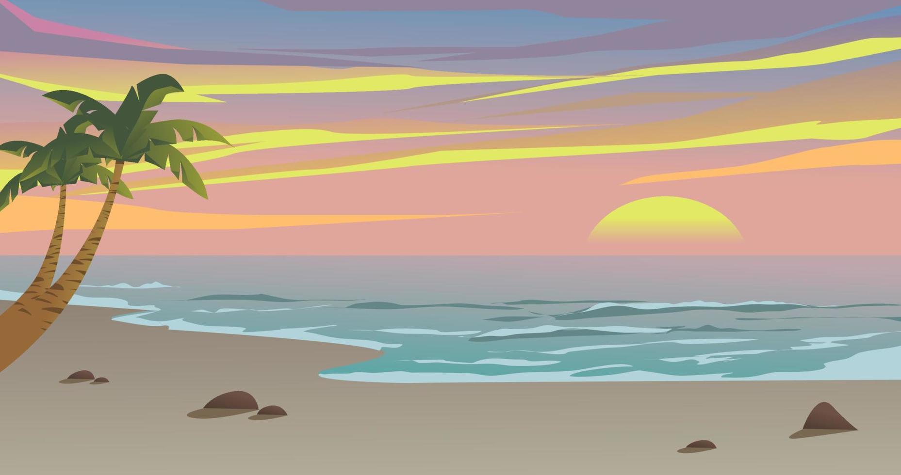 Beautiful beach sunset with palm trees. Vector cartoon scenery