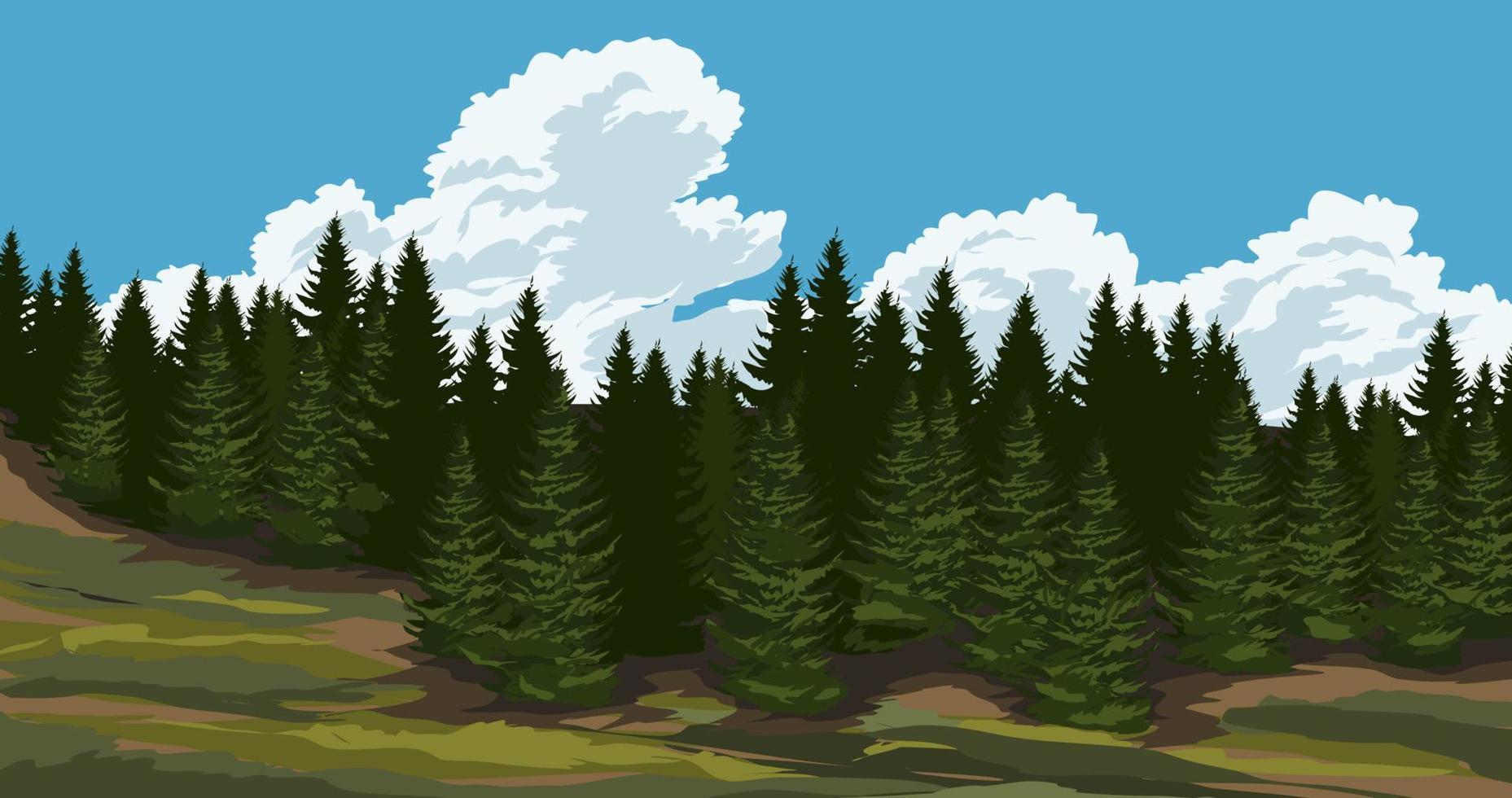 Meadow and forest sunny day landscape. Vector nature scenery