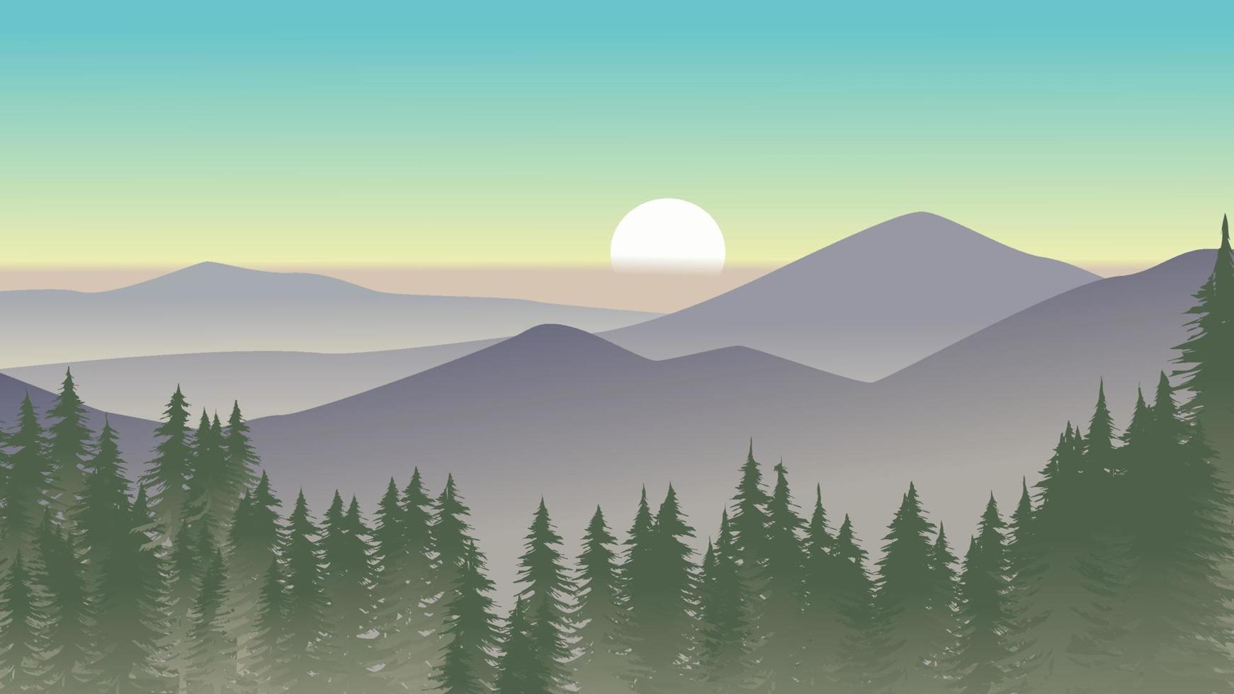 Sunrise in foggy mountains. Vector nature landscape