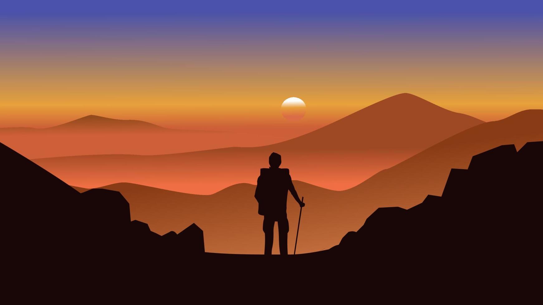 Sunset in foggy mountains with an explorer standing on the mountain. Vector nature landscape