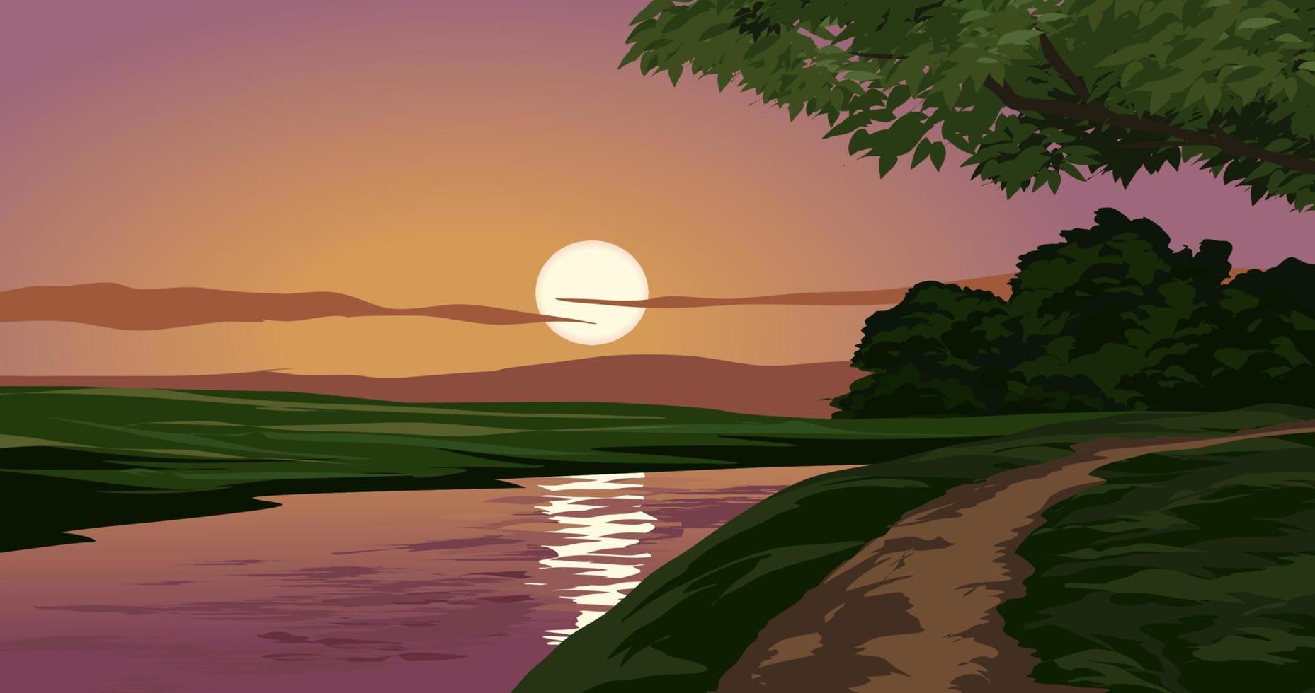 Beautiful sunset at river with footpath. Vector nature landscape