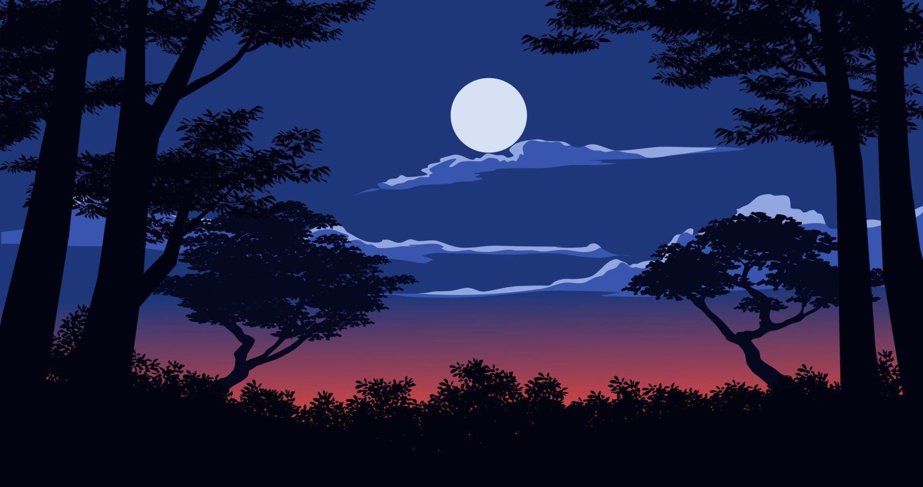 paisaje nocturno con árboles en silueta y luna llena vista desde el bosque oscuro. ilustración de paisaje vectorial vector