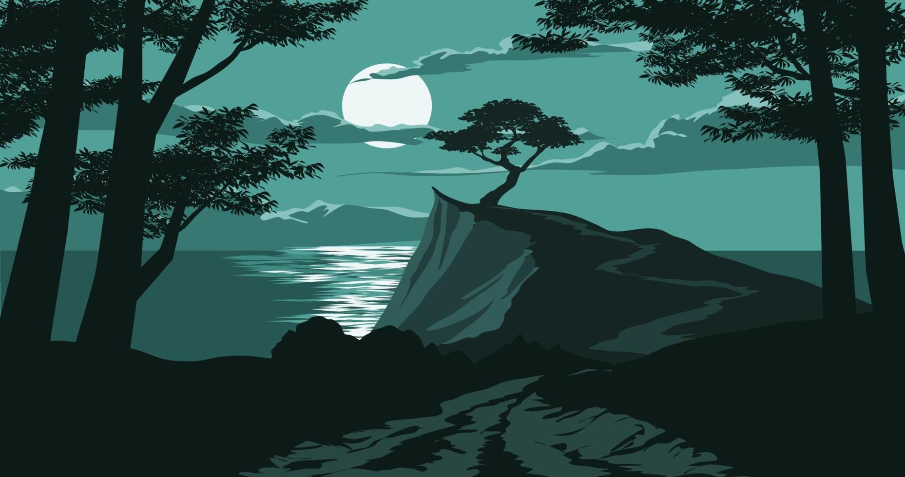 Moonlight over the sea with a tree on the edge of cliff. Night scenery wiewed from the dark forest.Vector landscape illustration vector