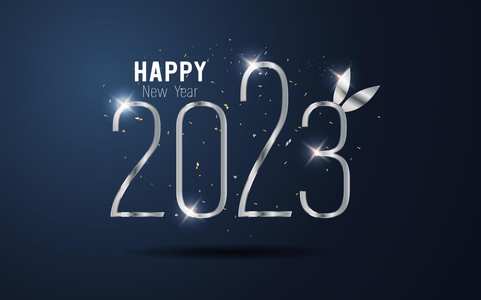 Happy New Year 2023. metal number and ribbon on blue gradient background. vector