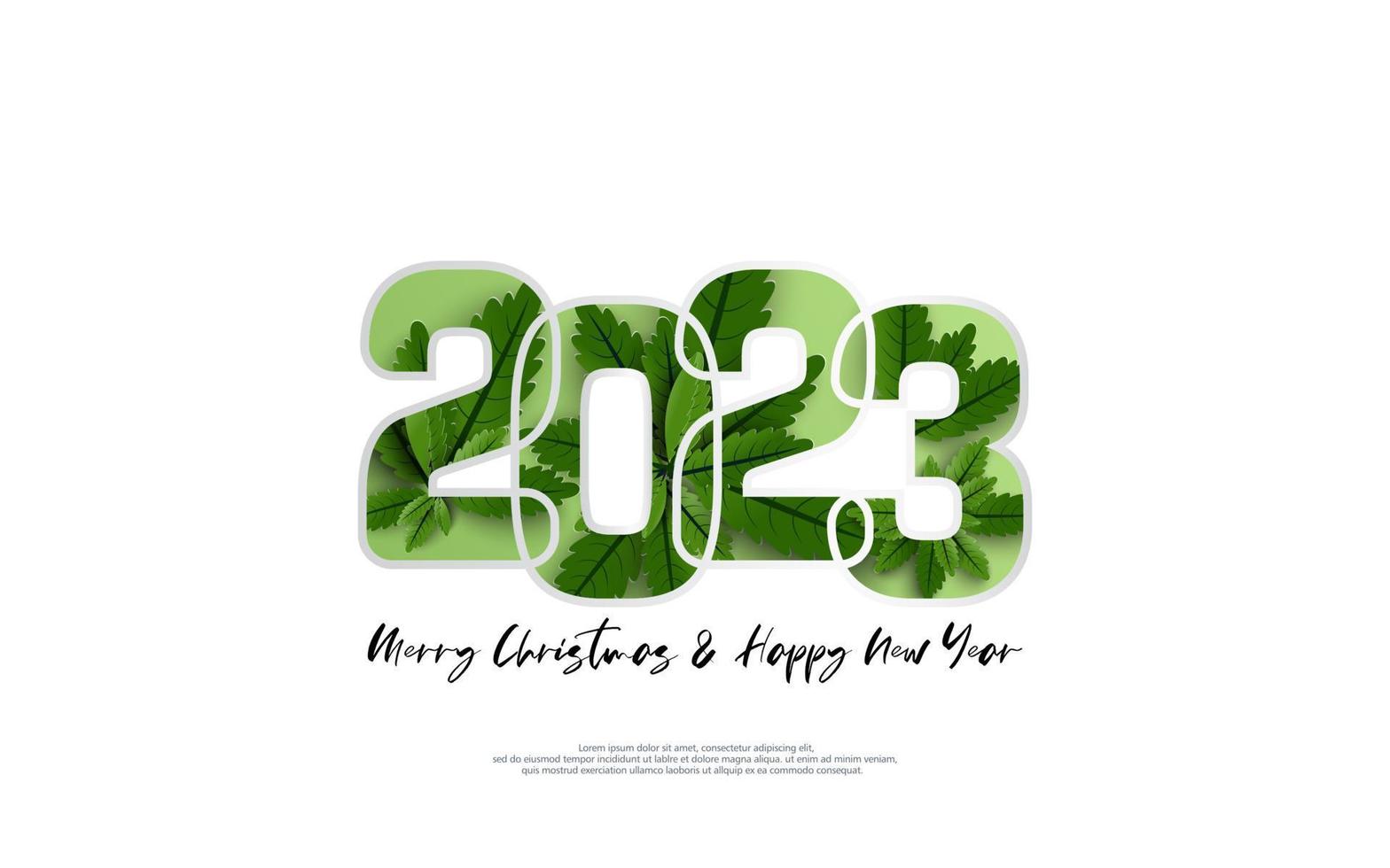 Happy New Year 2023 and merry christmas day. Design green leaves inside number on white background. vector