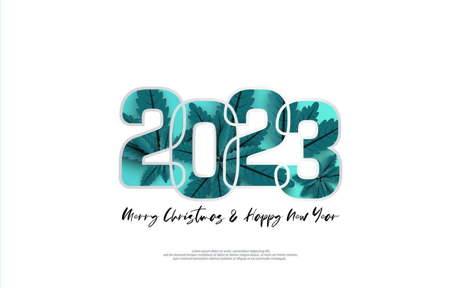 Happy New Year 2023 and merry christmas day. Design blue leaves inside number on white background. vector