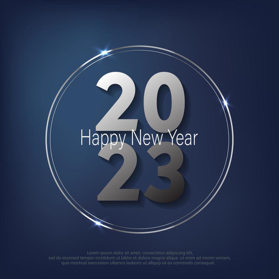 feliz año nuevo 2023. número de metal, texto con marco circular sobre fondo degradado azul. vector