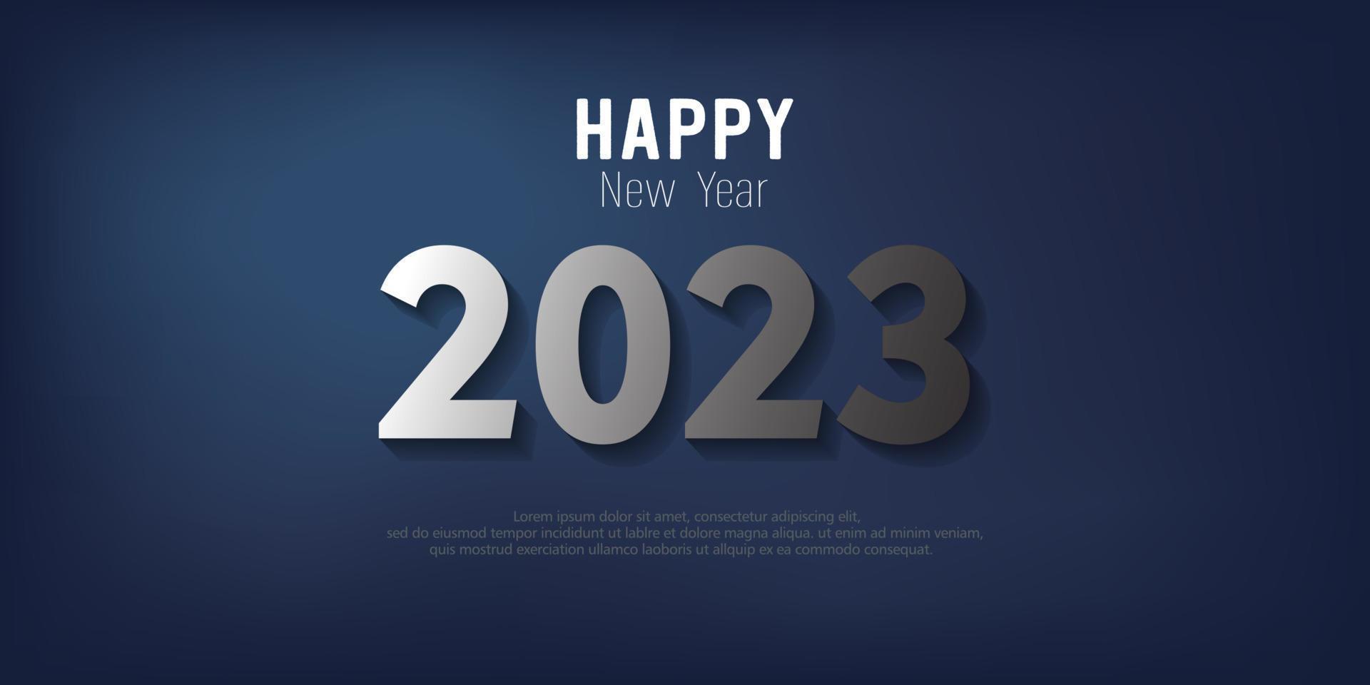 Happy New Year 2023. metal number and text on blue gradient background. vector