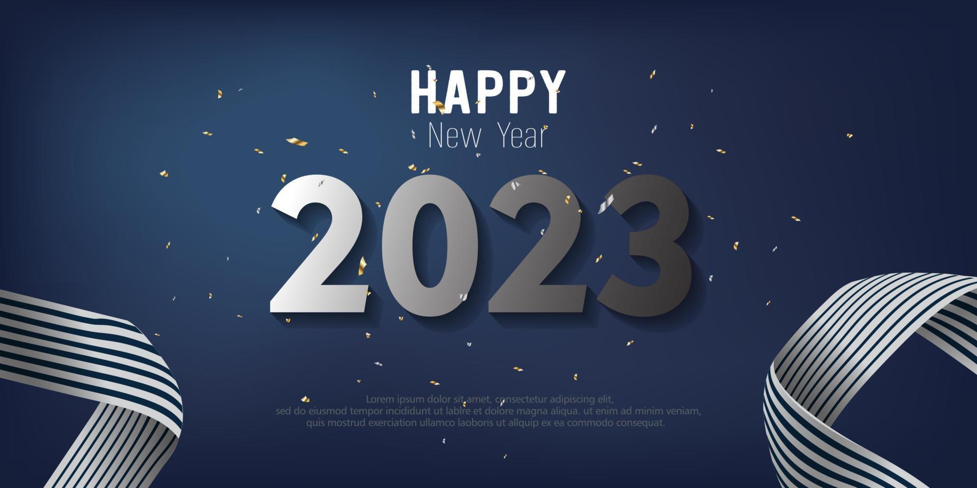 Happy New Year 2023. metal number and ribbon on blue gradient background. vector