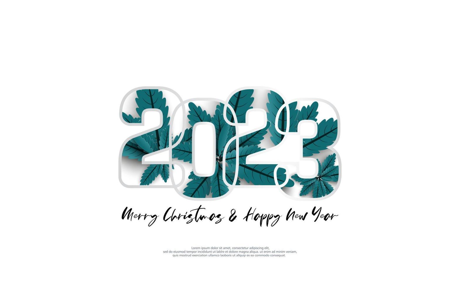 Happy New Year 2023 and merry christmas day. Design blue leaves inside number on white background. vector