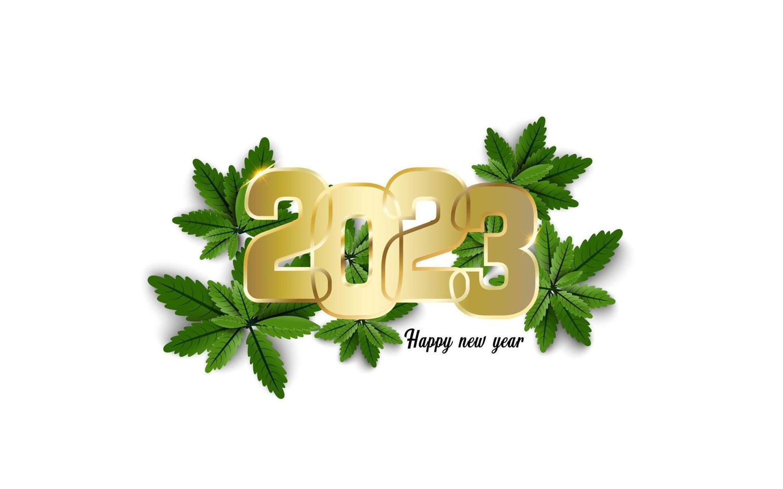 Happy New Year 2023. Design gold metal number on group of green leaves on white background. vector