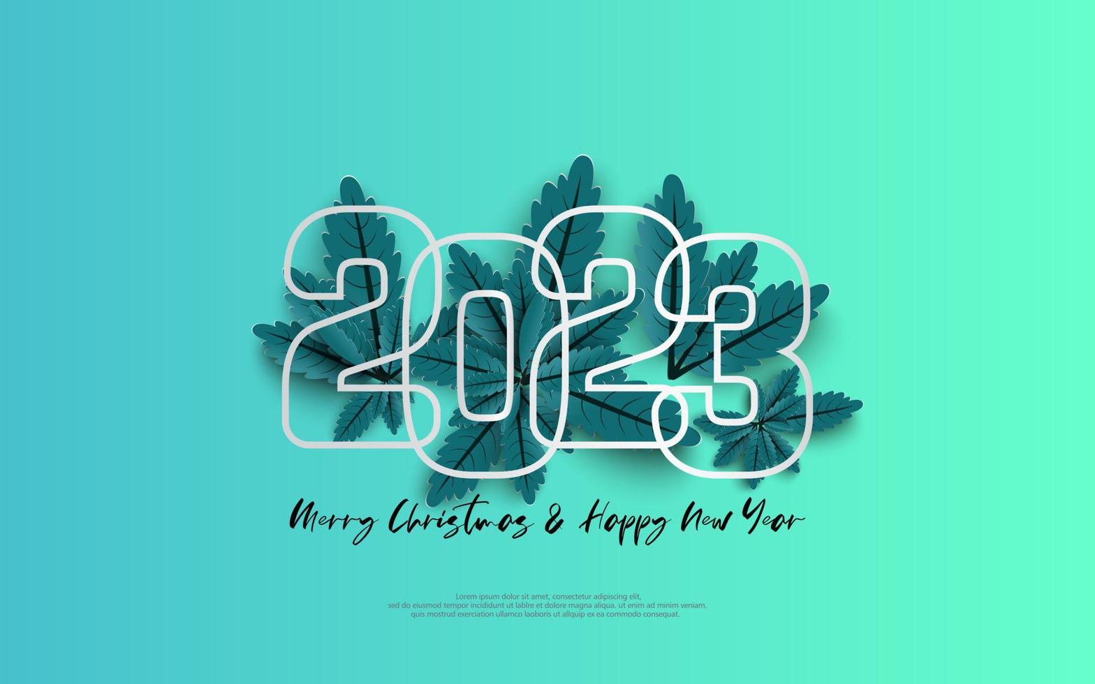 feliz año nuevo 2023 y feliz navidad. esquema de número de diseño en grupo de hojas azules sobre fondo degradado azul. vector