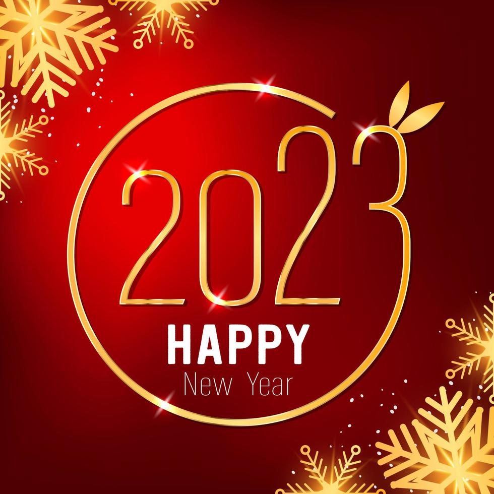 Happy New Year 2023. gold number, text with circle frame on red gradient background. decorated with golden snowflakes icon. vector