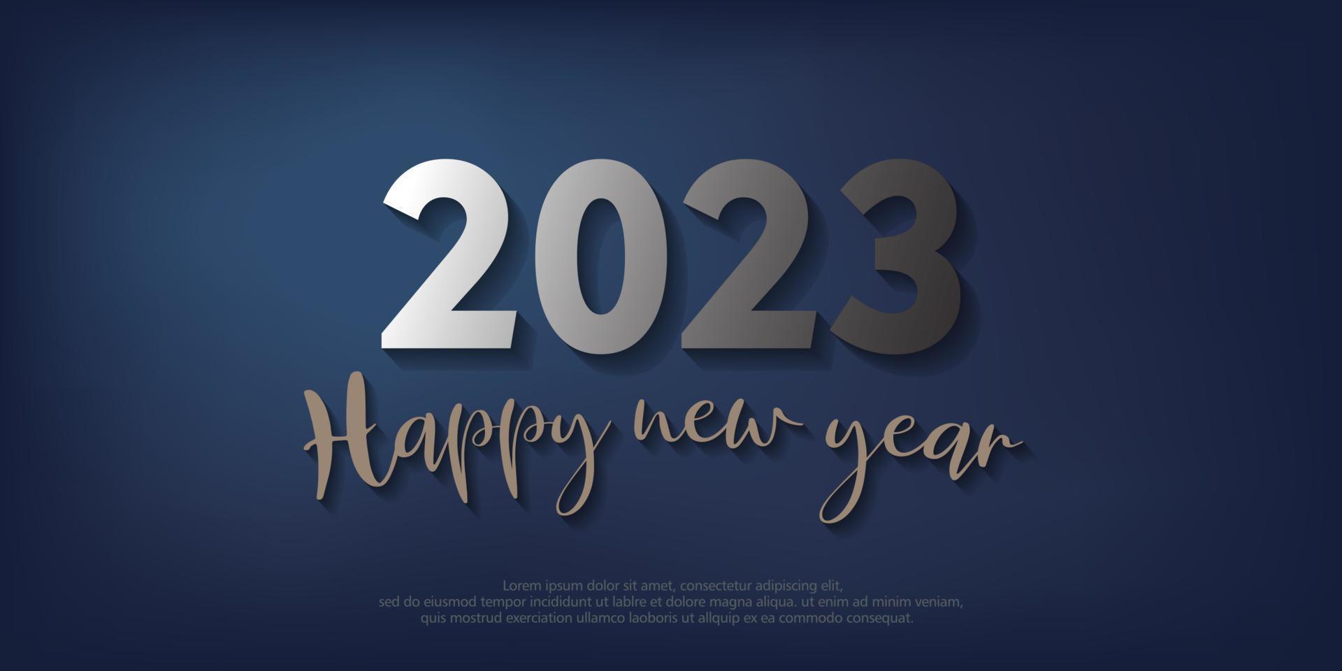 Happy New Year 2023. metal number and text on blue gradient background. vector