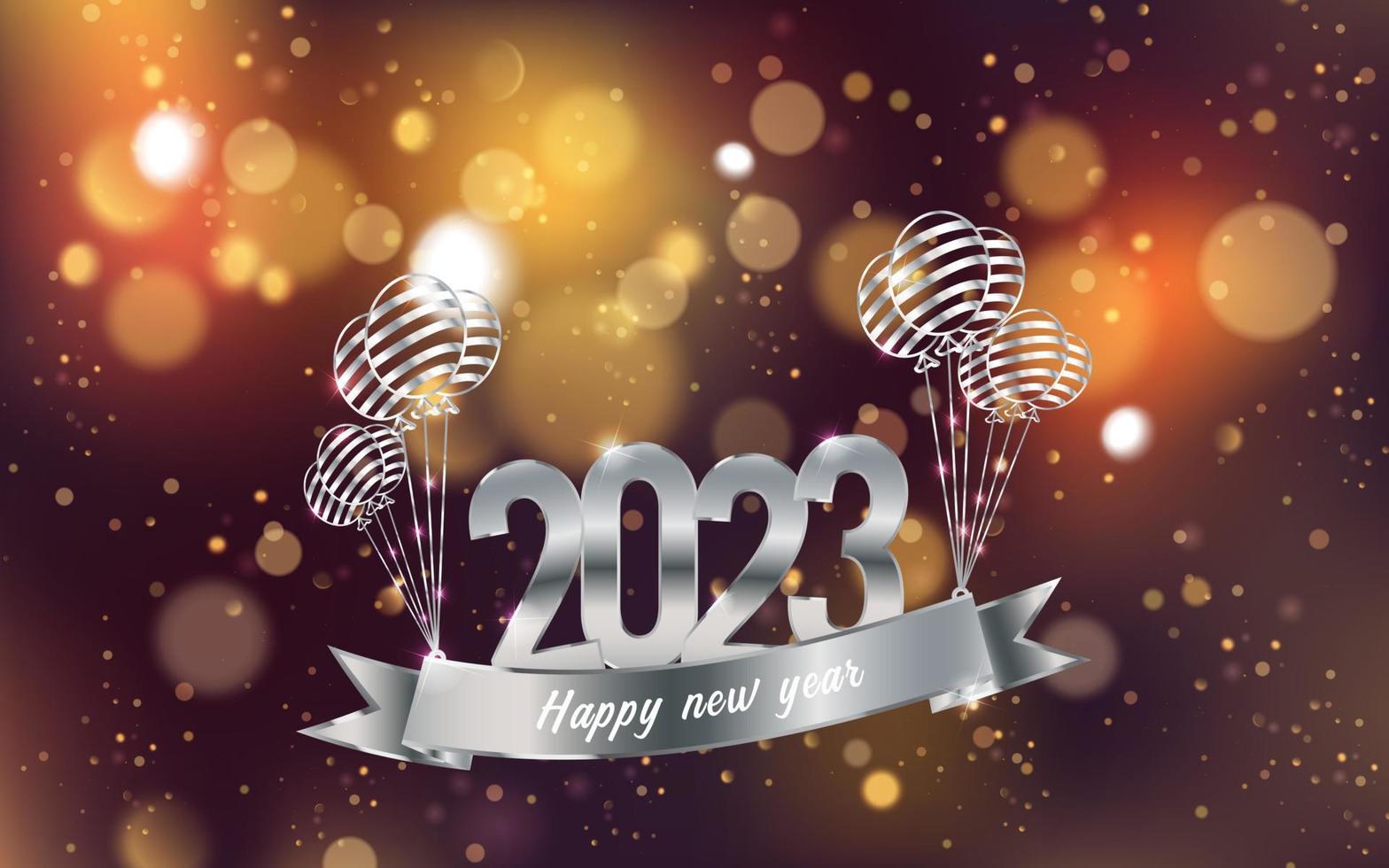 feliz año nuevo 2023. número de metal y cinta, globo sobre un fondo colorido bokeh desenfocado. vector