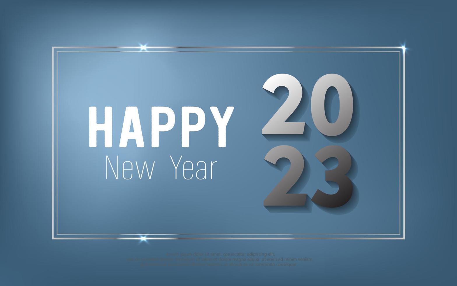 Happy New Year 2023. metal number, text with square frame on blue gradient background. vector