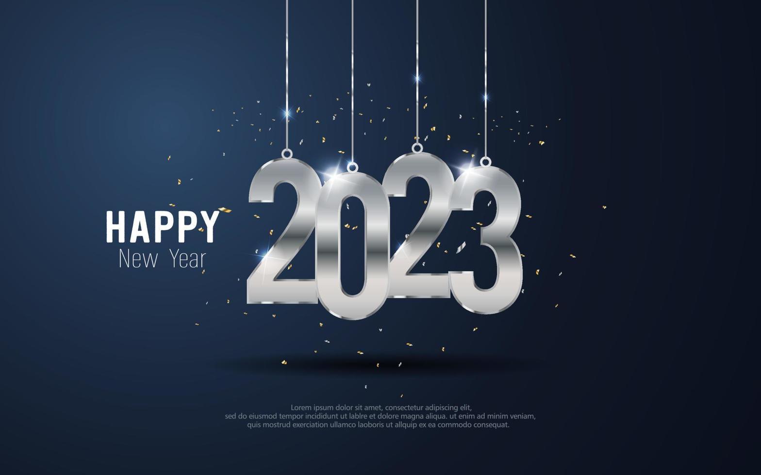 Happy New Year 2023. Hanging metal number and strew ribbon on blue gradient background. vector