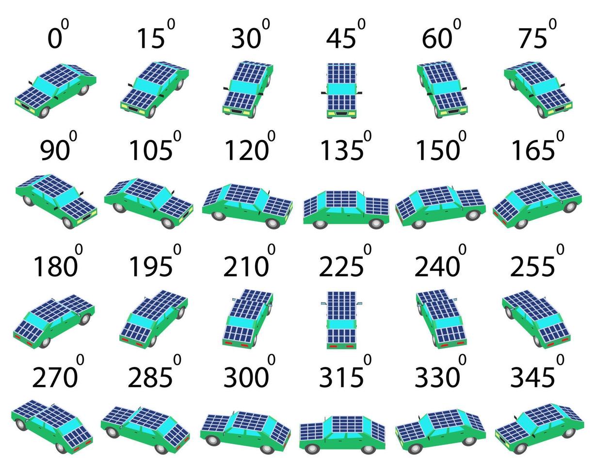 un conjunto de 24 coches solares desde diferentes ángulos. vector