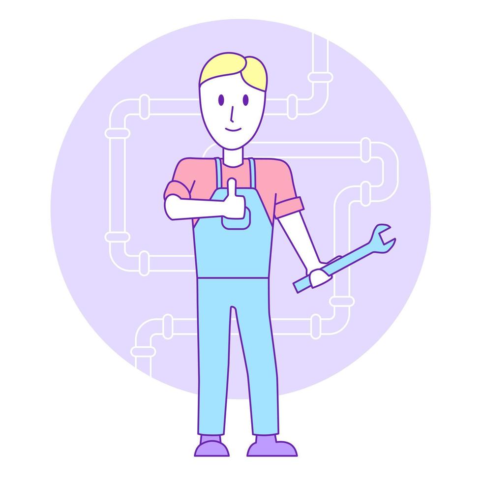 A plumber is holding a wrench in his hand and showing a thumbs up. vector