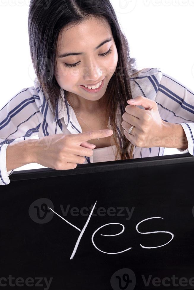 Beautiful Asian female model pointing on wedding ring on her hand and holding blackboard with YES sign on it. photo