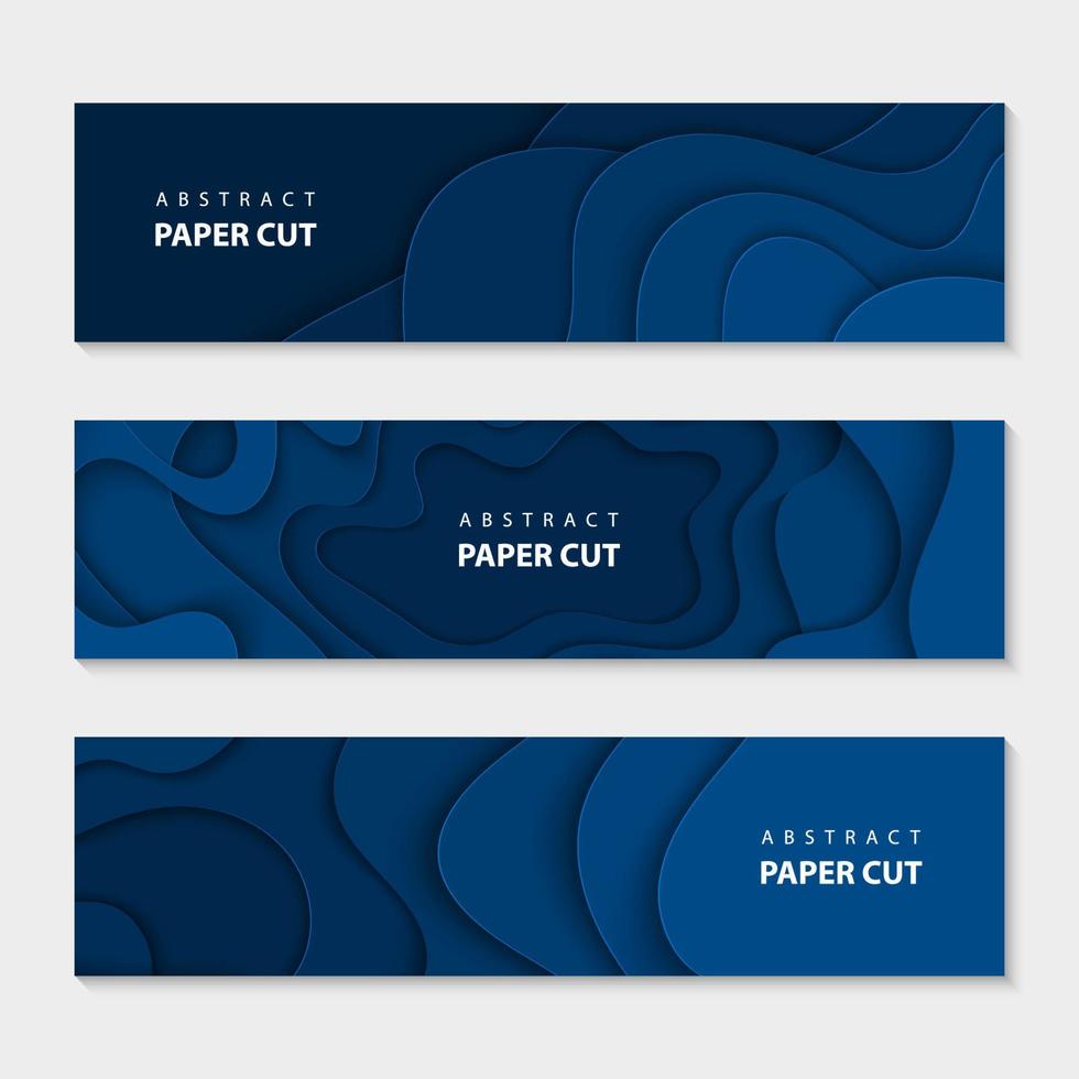 Paper cut waves shape abstract template, trendy deep blue background. Horizontal banners, cover layout, social media design. 3D abstract paper art style. vector