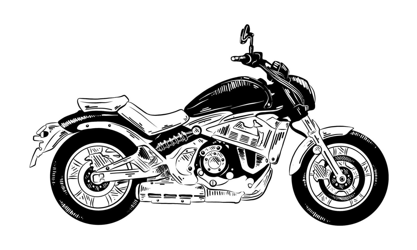 ilustración de estilo grabado vectorial para carteles, decoración e impresión. boceto dibujado a mano de motocicleta en negro aislado sobre fondo blanco. dibujo detallado de estilo de grabado vintage. vector