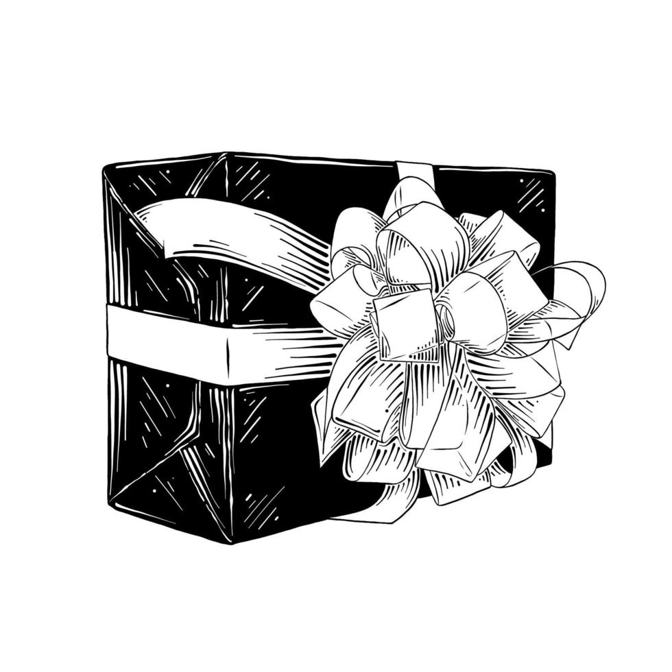 Vector engraved style illustration for posters, decoration and print. Hand drawn sketch of gift box in black isolated on white background. Detailed vintage etching style drawing.