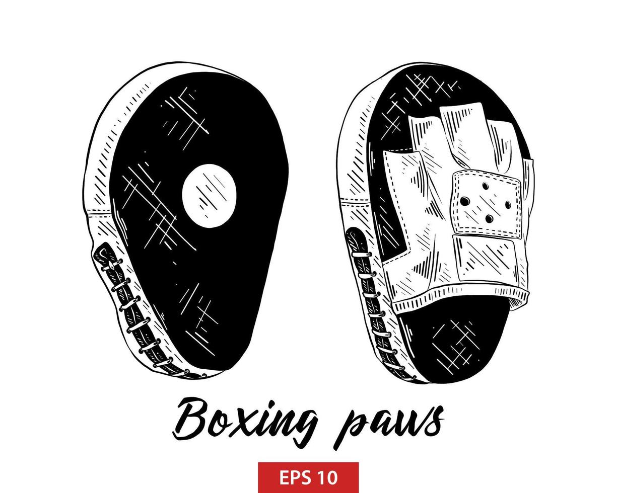 Vector engraved style illustration for posters, decoration and print. Hand drawn sketch of boxing training paws in black isolated on white background. Detailed vintage etching style drawing.