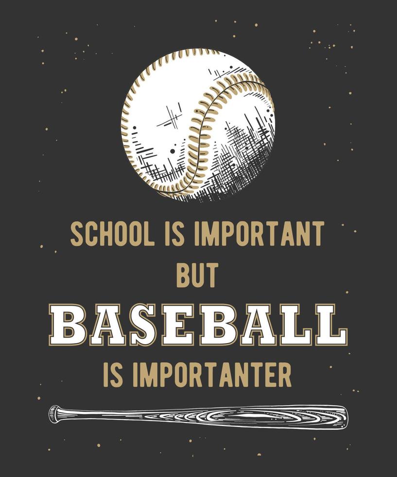 Vector engraved style illustration for posters, decoration and print. Hand drawn sketch of baseball ball and bat with funny sport typography on dark background. Detailed vintage etching style drawing.