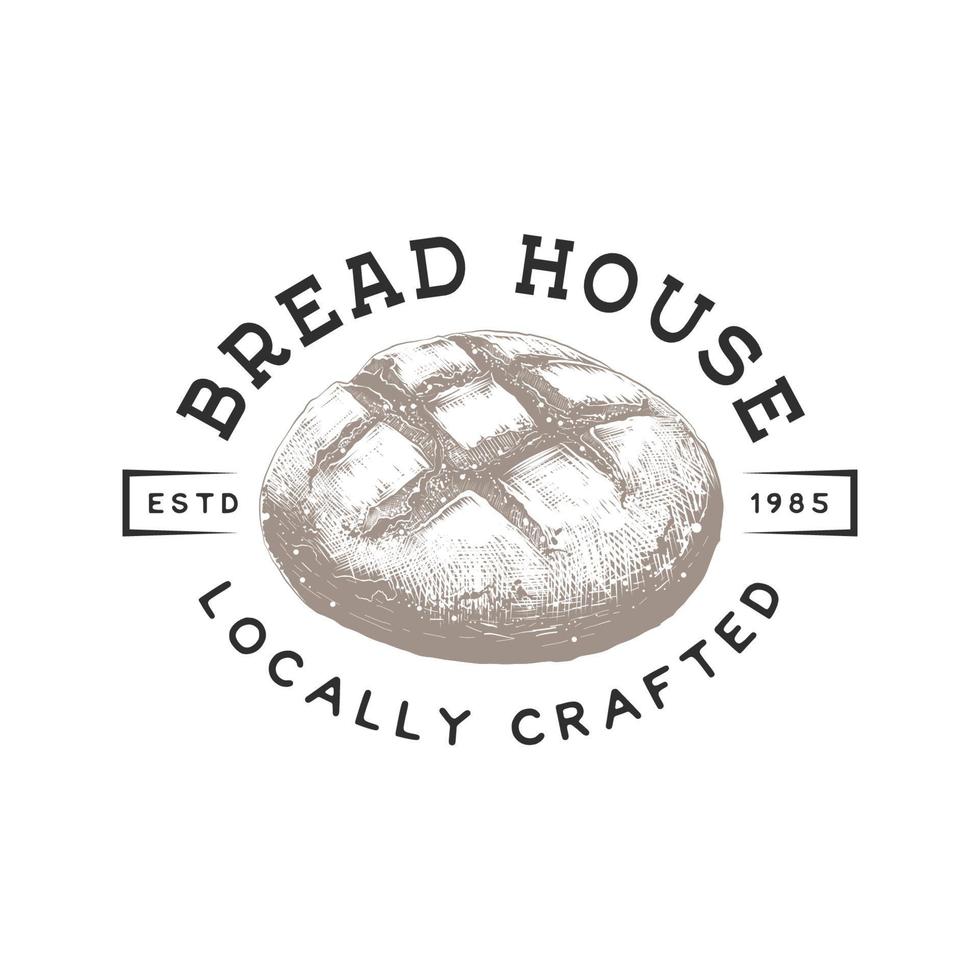 Vintage style bakery shop label, badge, emblem, logo. Monochrome vector graphic art with engraved design element of bread. Hand drawn graphic on white background.